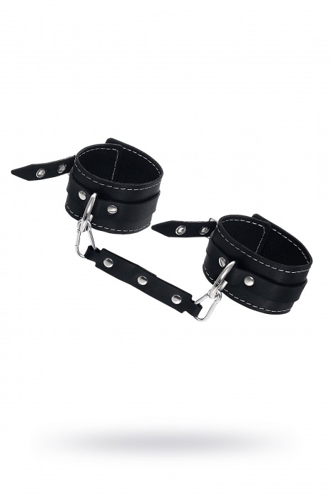 Черные двухслойные кожаные оковы с белой строчкой - Pecado - купить с доставкой в Мытищах