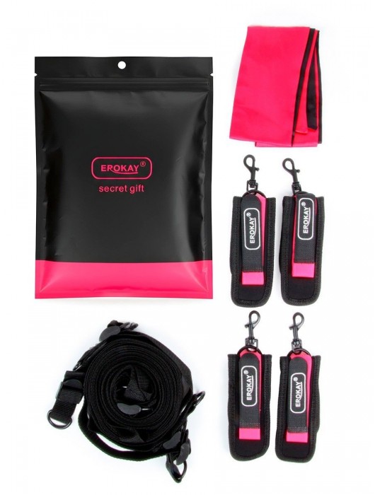 Черно-розовый эротический набор: фиксатор, оковы, наручники, повязка - Erokay - купить с доставкой в Мытищах