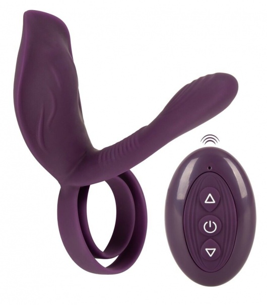 Фиолетовая насадка на член с клиторальным отростком и пультом ДУ RC Couple’s Vibrator 2 - Orion - в Мытищах купить с доставкой