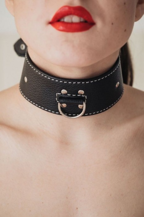 Черный кожаный ошейник с петлёй для поводка - БДСМ Арсенал - купить с доставкой в Мытищах